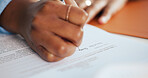 Hands, document and signature for legal agreement or contract in office with professional person. Business woman, paperwork or sign application form for compliance, writing or information in closeup