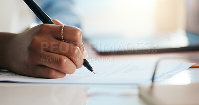 Buy stock photo Hands, document and sign legal agreement or contract in office with professional person. Business woman, paperwork or signing application form for compliance, writing or information in closeup