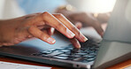 Hands, creative and person typing on laptop for headline report, editing article and proofreading. Journalist, pc and review email for editor feedback, research story and information on publication