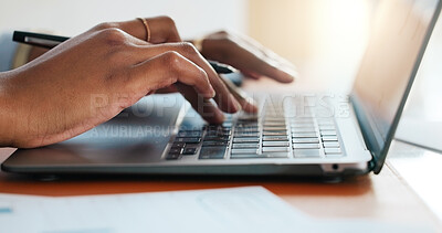 Buy stock photo Hands, person and typing on laptop in office for creative writing, editing article and proofreading. Journalist, pc and review email for editor feedback, research story and information on publication