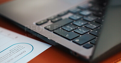 Buy stock photo Business, keyboard and laptop on desk in office for company sale, information or report. Documents, internet and research with computer closeup in empty workplace for online networking or planning