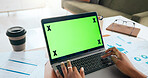 Green screen, hands and laptop with business person at desk in office for financial research. Computer, display and mockup with finance employee in typing in workplace for accounting or bookkeeping