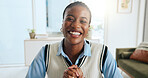 Remote work, black woman and laugh on video call in home for online meeting or virtual interview. Funny freelancer, portrait and webinar with internet conference for hiring, recruitment and POV