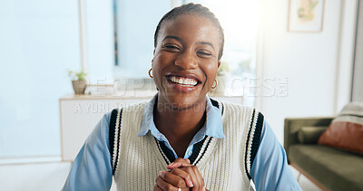 Buy stock photo Remote work, black woman and laugh on video call in home for online meeting or virtual interview. Funny freelancer, portrait and webinar with internet conference for hiring, recruitment and POV