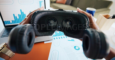 Buy stock photo Hands, VR headset and finance at office, future or documents for charts, POV or trading in metaverse. Person, augmented reality and laptop with goggles, graphs or tech with investing stats at agency