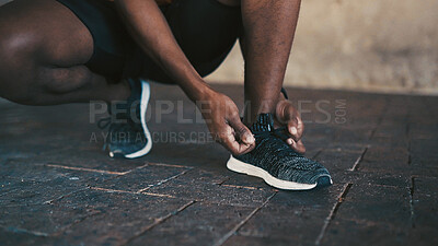 Buy stock photo Hands, tie laces and shoes for running, fitness or cardio health in city with start or ready outdoor. Runner, person prepare sneakers or footwear for training, workout or exercise in urban town