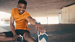 Smile, athlete and black man stretching for fitness, exercise and preparation for training. Male person, warm up muscle and runner getting ready for sports workout, flexibility and marathon practice