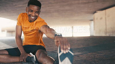 Buy stock photo Smile, athlete and black man stretching for fitness, exercise and preparation for training. Male person, warm up muscle and runner getting ready for sports workout, flexibility and marathon practice