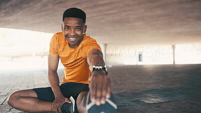 Buy stock photo Portrait, black man and stretching legs outdoor for fitness, exercise and preparation at training space. Person, warm up and runner getting ready for sports workout, flexibility and marathon practice