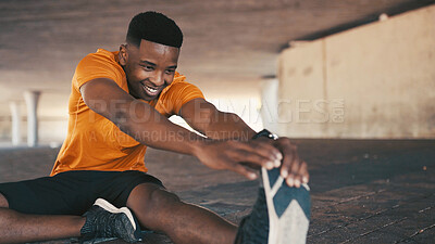 Buy stock photo Happy, athlete and black man stretching for fitness, exercise and preparation for training. Male person, warm up and runner getting ready for sports workout, muscle flexibility and marathon practice