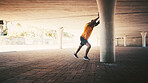 Black man, city and stretching for fitness, warm up and road for cardio preparation. African person, urban space and athlete for sports, workout and getting ready for exercise or activity outdoor