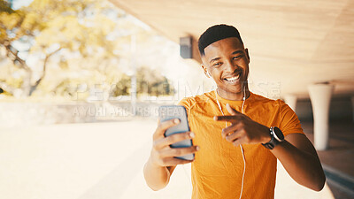Buy stock photo Selfie, fitness and black man in city, smile and content creation with training. Outdoor, African person and profile picture with confidence, influencer and exercise with video call and wellness