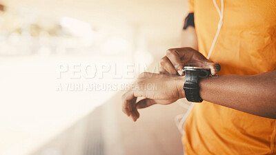 Buy stock photo Hands, exercise and man in city, smart watch and tracking workout with challenge. Closeup, person and athlete with health stats, fitness and training with sports, performance and app to check time