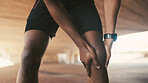 Exercise, hands and man with knee pain injury outdoor from fitness, bone fracture or inflammation. Athlete, person and joint ache in parking space from workout mistake, torn ligament and tendinitis