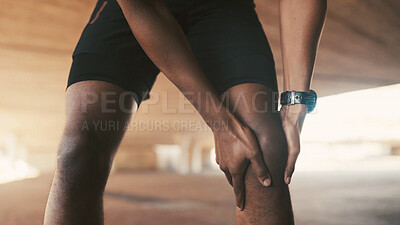 Buy stock photo Exercise, hands and man with knee pain injury outdoor from fitness, bone fracture or inflammation. Athlete, person and joint ache in parking lot from workout mistake, torn ligament and fibromyalgia