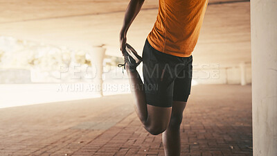 Buy stock photo Man, city and stretching legs for training, warm up and road for cardio preparation. Male person, urban street and athlete for sports, workout and getting ready for exercise or fitness outdoor