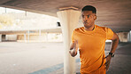 Athlete, black man and running for fitness in city for exercise, cardio training and performance. Male person, runner and sports workout for endurance, marathon practice and prepare for competition