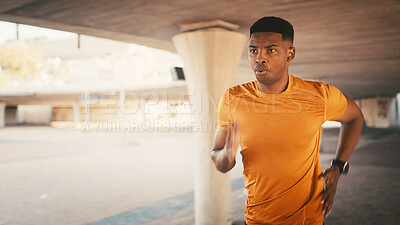 Buy stock photo Athlete, black man and running for fitness in city for exercise, cardio training and performance. Male person, runner and sports workout for endurance, marathon practice and prepare for competition