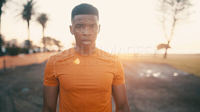 Buy stock photo Portrait, athlete and black man for fitness in city from exercise, cardio training and recovery. Sweating, male person and rest from endurance challenge, sports workout and marathon practice at park