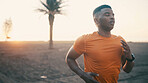 Tired, athlete and running with black man outdoor for fitness, exercise and training burnout. Fatigue, male person and exhausted from cardio activity, sports workout and marathon practice at park