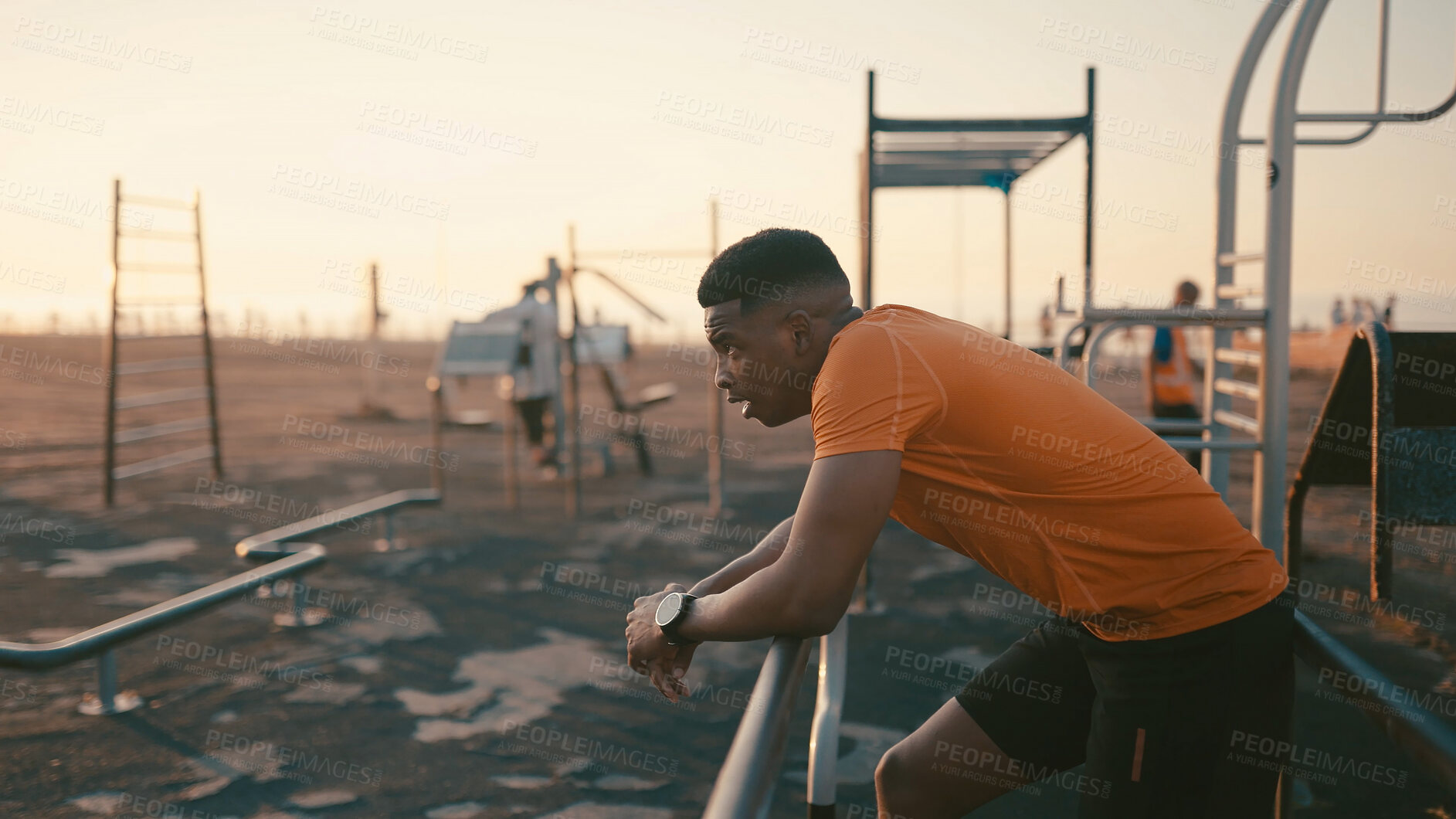 Buy stock photo Tired, training and man with rest, outdoor and breathing with wellness, healthy body and exercise. Fatigue, relax and person with fitness, pause and exhausted with sports, calm and workout in park