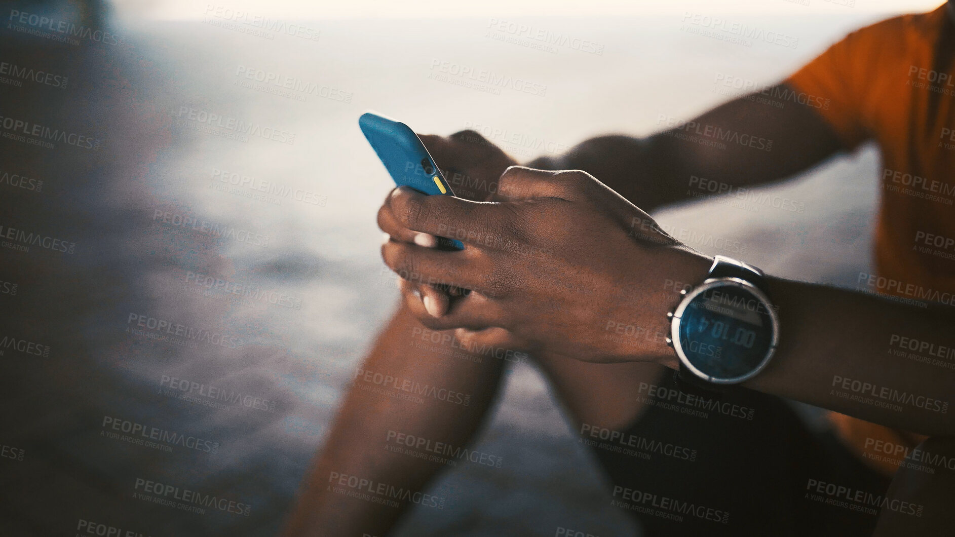 Buy stock photo Exercise break, hands or man with phone outdoor for workout rest, text message or fitness research. Space, athlete and relax with smartphone for browsing social media, training pause and wellness app