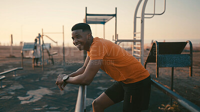 Buy stock photo Outdoor, training and man with smile, sports and calm with wellness, healthy body and workout. Happiness, relax and person with fitness, pause and commitment with exercise and athlete in park