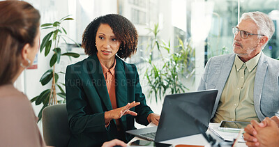 Buy stock photo Laptop, business people and planning in meeting for collaboration, finance or proposal. Computer, team and talking in office for project briefing, progress update and investment review with idea