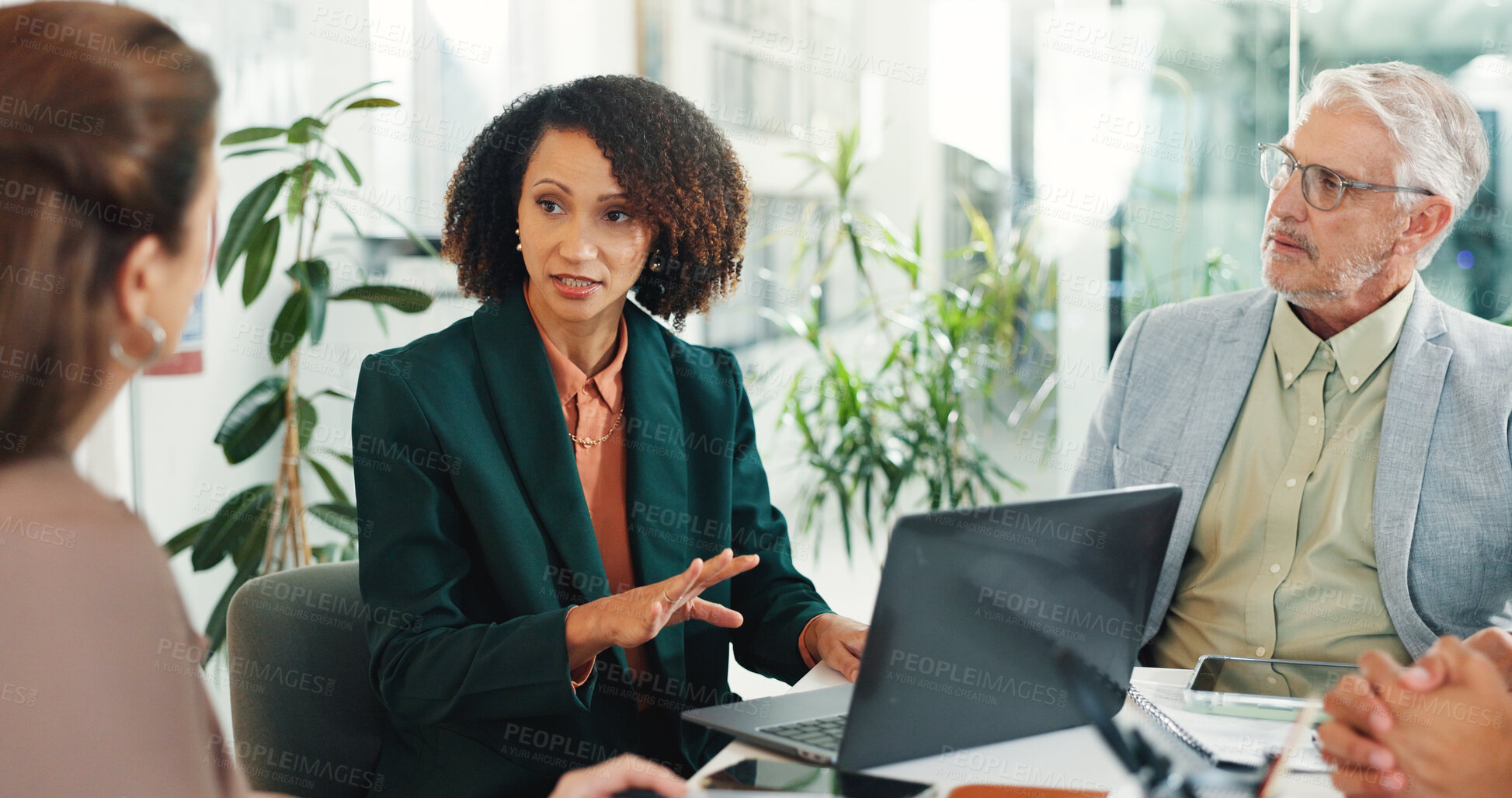 Buy stock photo Laptop, business people and planning in meeting for collaboration, finance or proposal. Computer, team and talking in office for project briefing, progress update and investment review with idea