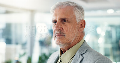 Buy stock photo Business, thinking and man in office, planning and contemplation for investment deal. Mature person, financial agency and employee in workplace, choice or wonder with solution and problem solving