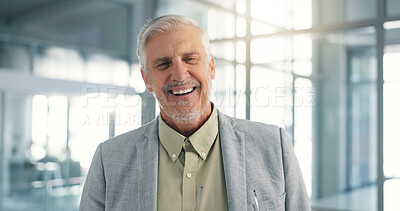 Buy stock photo Business, laughing and portrait of journalist man in office for breaking news, media or storytelling. Editor, journalism and reporting with funny mature employee in publishing company as agency CEO