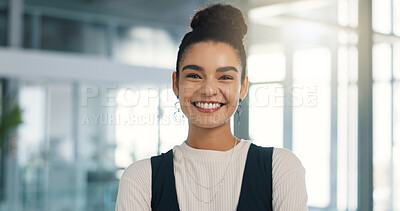 Buy stock photo Business, portrait and smile of woman journalist in office for breaking news, media or storytelling. Agency, journalism and reporting with happy employee in publishing company as article editor