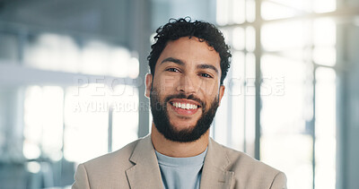 Buy stock photo Agency, portrait and smile of journalist man in office for breaking news, media or storytelling. Happy, journalism and reporting with business employee in publishing company as article editor
