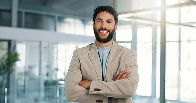 Buy stock photo Portrait, businessman and smile in office with confidence for finance career, growth or arms crossed. Happy, financial advisor and pride with space and ambition as corporate professional at workplace