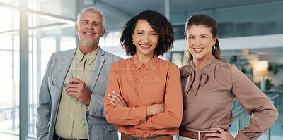 Buy stock photo Portrait, team and happy business people in office for collaboration, about us or investment. Smile, mature group and confident staff together with solidarity, arms crossed or financial consultant