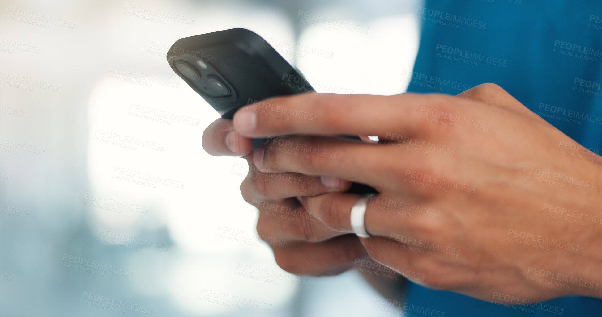 Buy stock photo Hands, phone and texting in hospital, hallway and chat on web, notification and contact at workplace. Person, smartphone and healthcare professional with mobile app for telehealth report at clinic