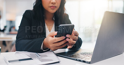 Buy stock photo Business, cellphone and woman in workplace, laptop and financial agency with stock market. Person, pc and employee with smartphone and texting with email for profit report, app and communication