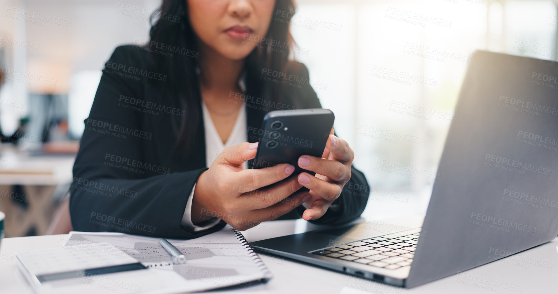 Buy stock photo Business, cellphone and woman in workplace, laptop and financial agency with stock market. Person, pc and employee with smartphone and texting with email for profit report, app and communication