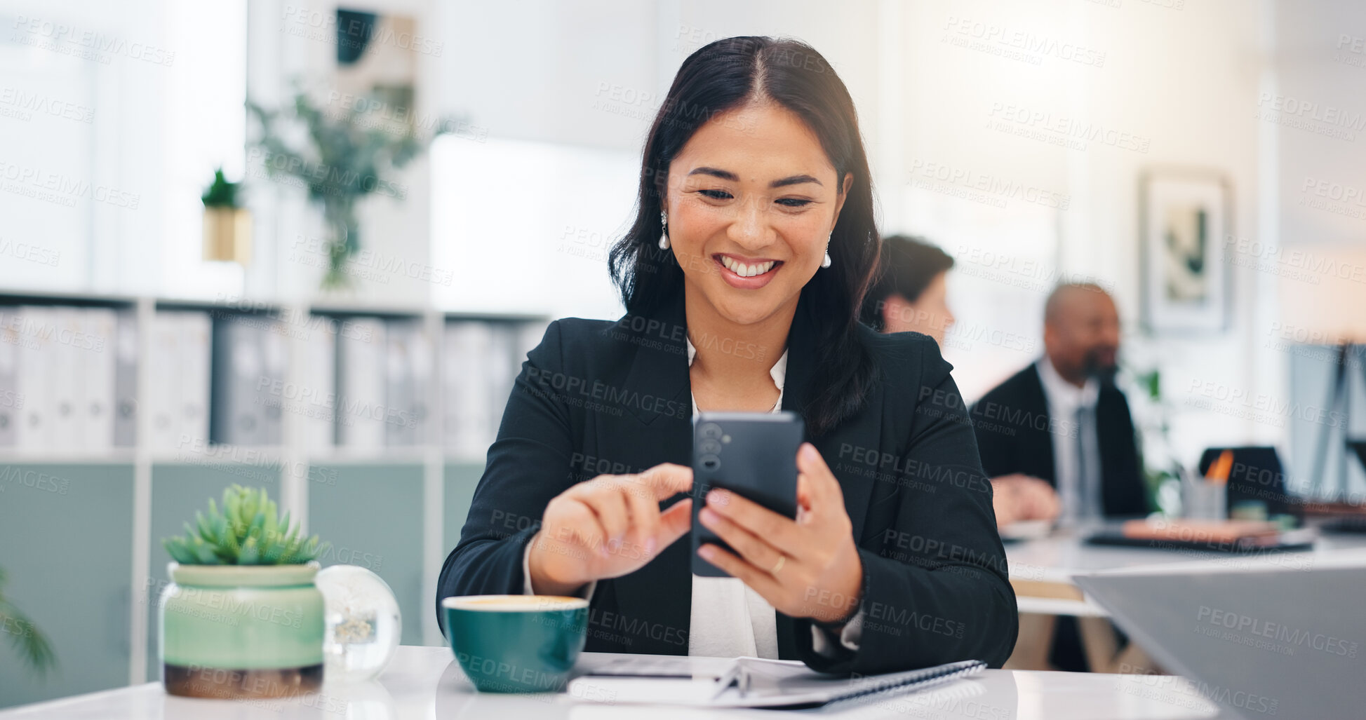 Buy stock photo Smile, mobile and business woman in office for reading email, text or review budget. Phone, workplace and happy consultant with communication app for network, coworking or financial news for economy