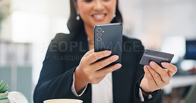 Buy stock photo Business woman, phone and hands with credit card for payment, online shopping or virtual banking. Mobile, debit and happy worker in office with digital money, financial transaction and investment