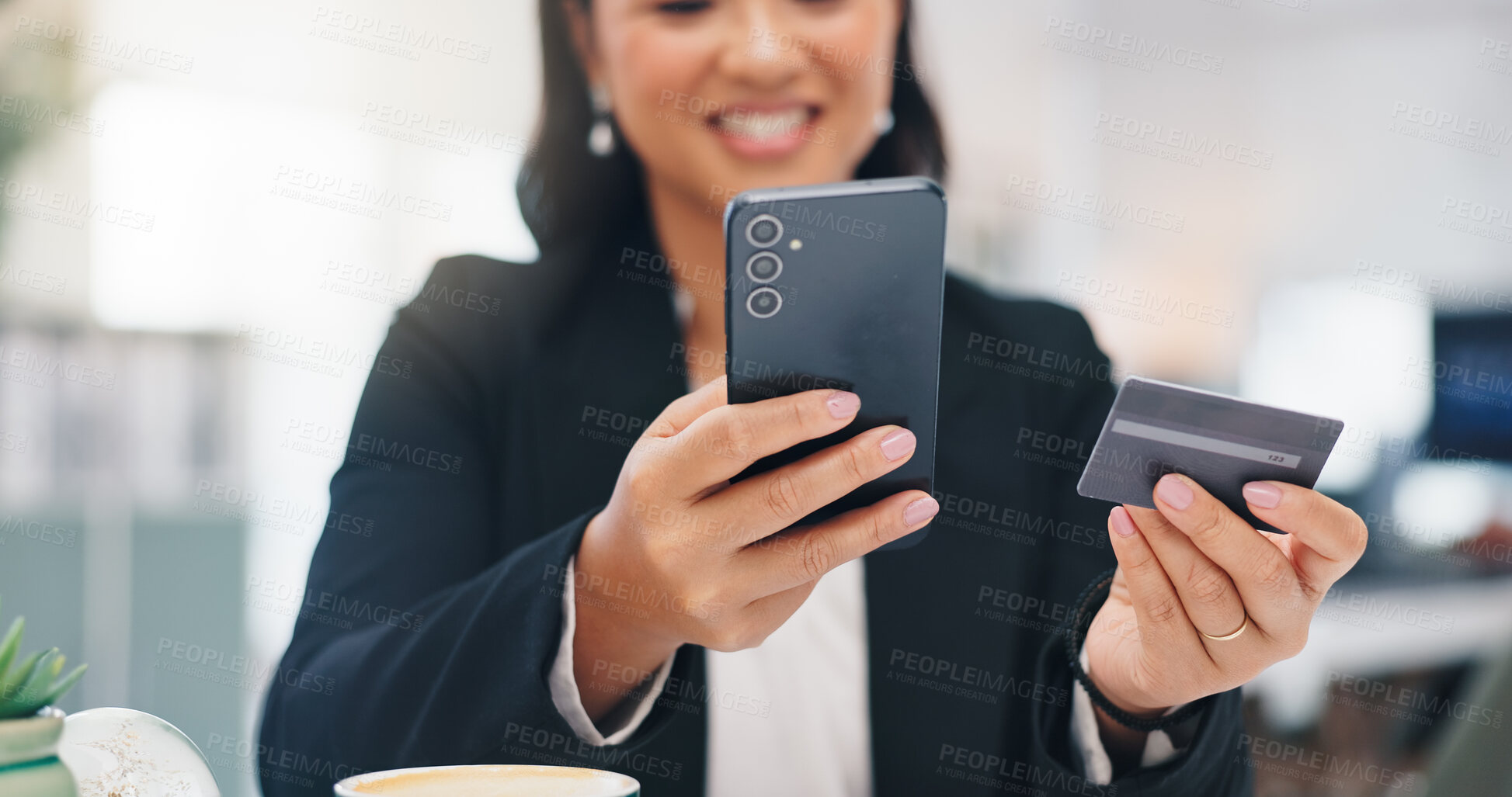 Buy stock photo Business woman, phone and hands with credit card for payment, online shopping or virtual banking. Mobile, debit and happy worker in office with digital money, financial transaction and investment