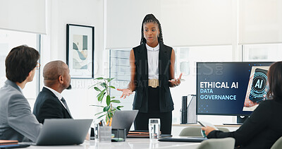 Buy stock photo Computer screen, meeting and presentation with business woman in office for ethical ai. Monitor, pitch and seminar with group of employee people in workplace boardroom for data governance discussion