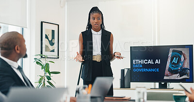 Buy stock photo Boardroom. computer screen and presentation with business woman in office for ethical ai. Meeting, monitor and pitch with group of employee people in workplace seminar for data governance discussion