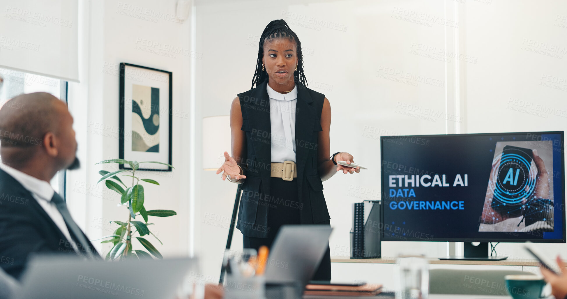 Buy stock photo Boardroom. computer screen and presentation with business woman in office for ethical ai. Meeting, monitor and pitch with group of employee people in workplace seminar for data governance discussion
