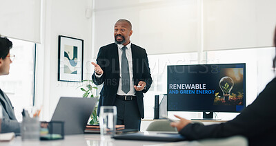 Buy stock photo Meeting, collaboration and business people in office with screen for renewable and green energy. Presentation, teamwork and group of environmental lawyers with planning sustainability in workplace.