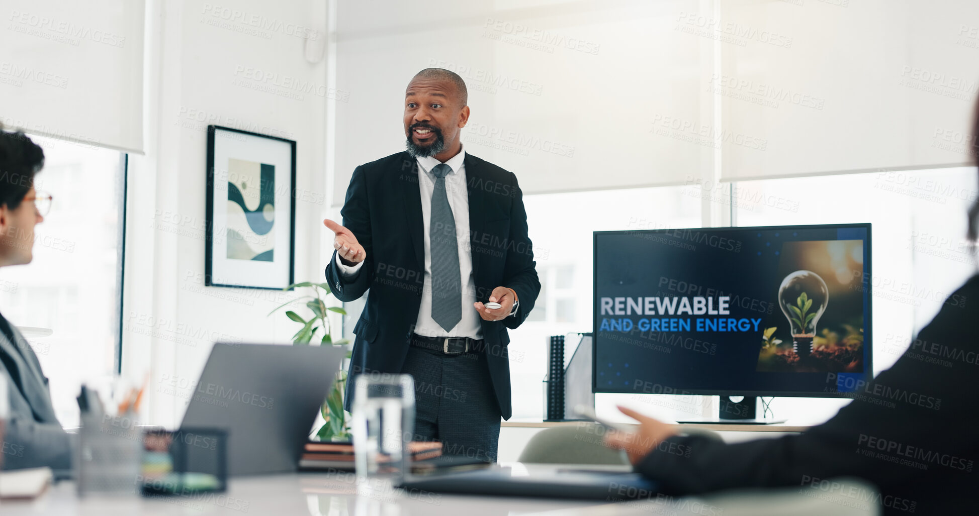 Buy stock photo Meeting, collaboration and business people in office with screen for renewable and green energy. Presentation, teamwork and group of environmental lawyers with planning sustainability in workplace.