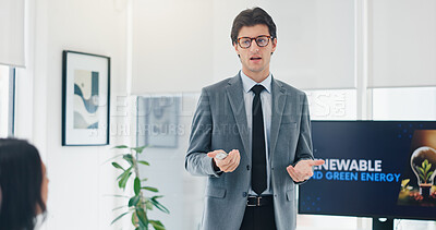 Buy stock photo Business man, talk and presentation for renewable energy, sustainable ideas and initiative for a green future. CSR, problem solving and male speaker by screen with plan for eco friendly development