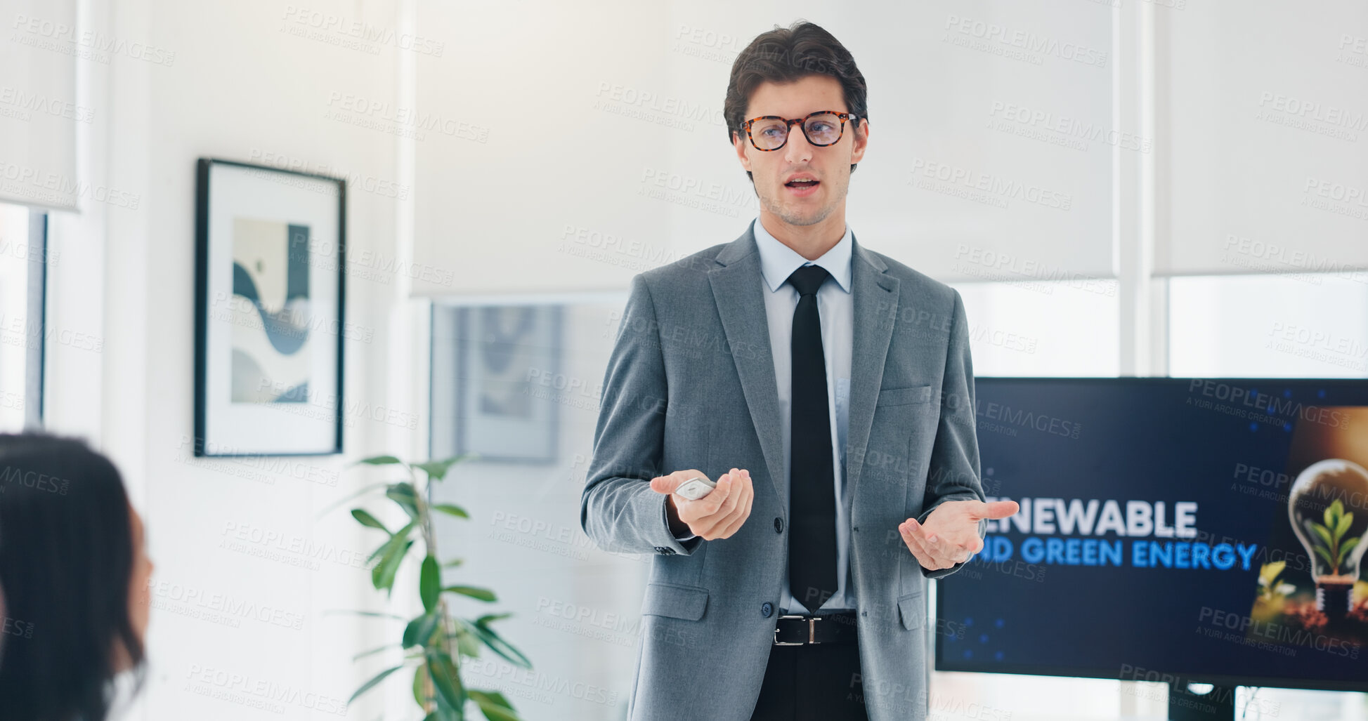 Buy stock photo Business man, talk and presentation for renewable energy, sustainable ideas and initiative for a green future. CSR, problem solving and male speaker by screen with plan for eco friendly development