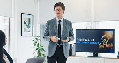 Buy stock photo Businessman, talking and presentation for renewable energy, sustainable ideas and initiative for a green future. CSR, problem solving and male speaker by screen with plan for eco friendly development