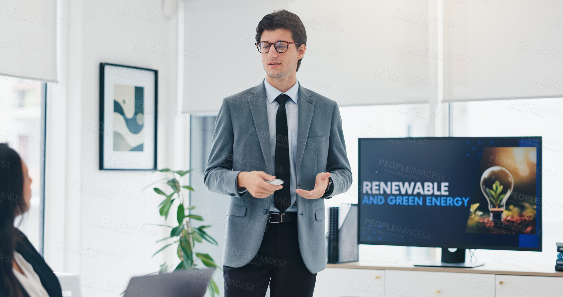 Buy stock photo Businessman, talking and presentation for renewable energy, sustainable ideas and initiative for a green future. CSR, problem solving and male speaker by screen with plan for eco friendly development